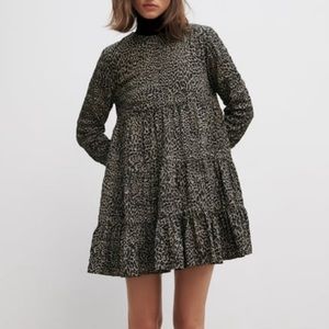 Zara - Stone Leopard Print Flared Long Sleeve Mini Dress (L)